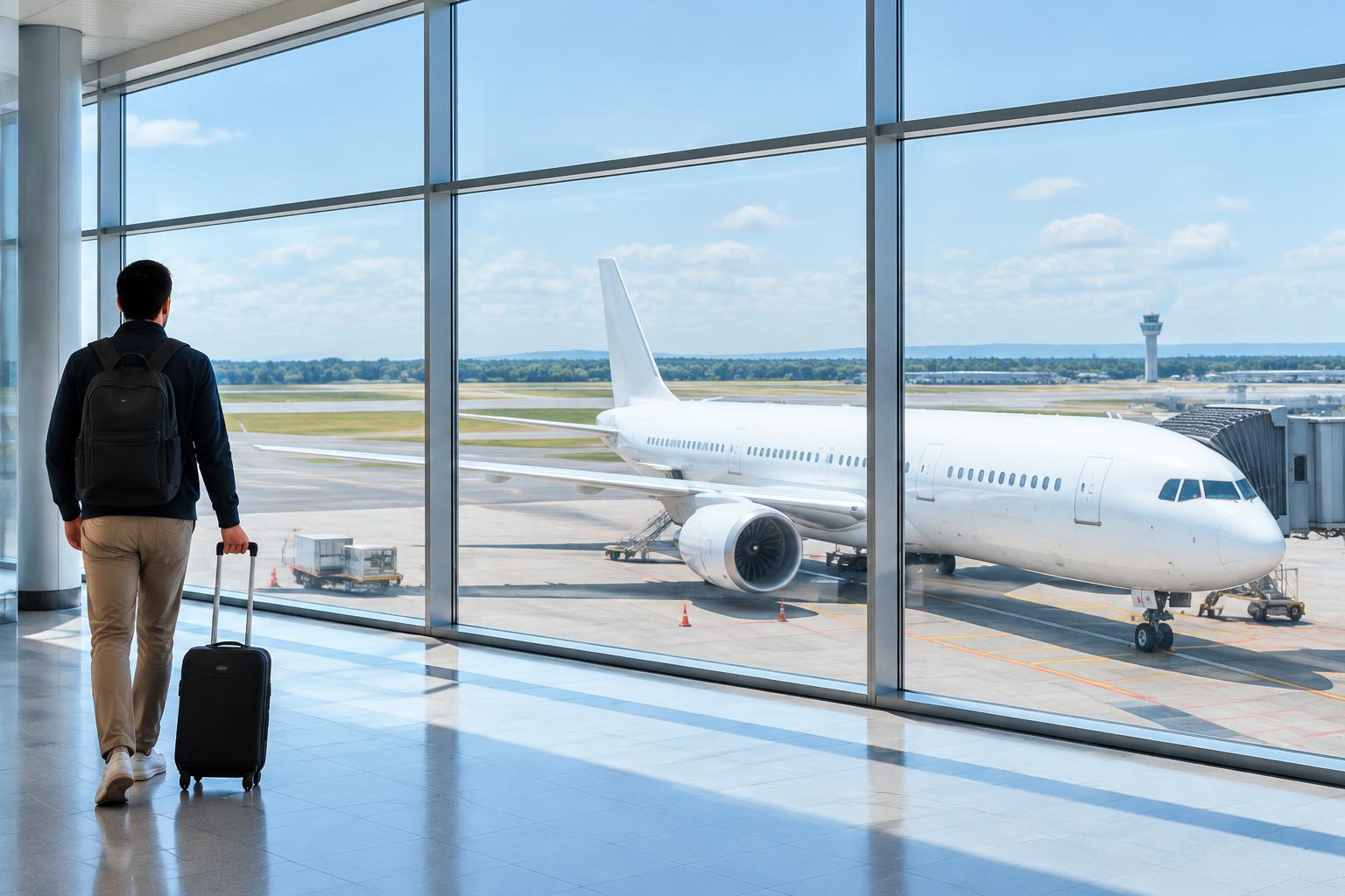 Airliner outside a bright airport terminal
