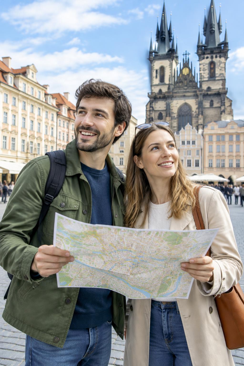 Travellers exploring with a map
